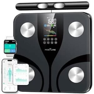 Posture Körperfettwaage, Intelligente Personenwaage Digitale 8 Elektroden für Körperfettanteil, Farbiges und Interaktives LCD-Display BMI und 28 Körpermesswerte, Großer Plattform