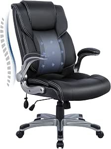 MOLOL Ergonomischer Bürostuhl aus Kunstleder, Schreibtischstuhl mit 74,9 cm hoher Rückenlehne und aufblasbarer Lendenstütze, Drehstuhl mit klappbaren Armlehnen, für Büro Homeoffice Gaming, Schwarz