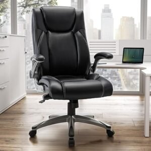MALOL Ergonomischer Bürostuhl, Schreibtischstuhl aus Kunstleder mit elegantem Design, aufblasbarer Lendenstütze, Federkern-Sitzkissen, klappbaren Armlehnen, für Büro & Homeoffice, Schwarz