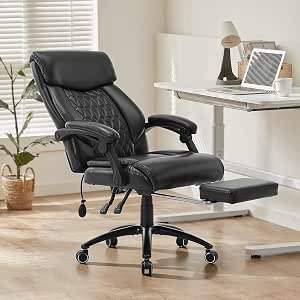 MALOL Ergonomischer Bürostuhl mit Fußstütze, PU-Leder und Lendenstütze, synchron verstellbare Armlehnen, Chefsessel mit 90°–130° Wippfunktion, bis 136 kg belastbar für Büro und Homeoffice, Schwarz