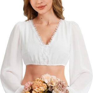 DIRNDLSTERN Costume Blouse Women's Dirndl Blouse Long Sleeve White V-Neck Oktoberfest Blouse with Puff Sleeves